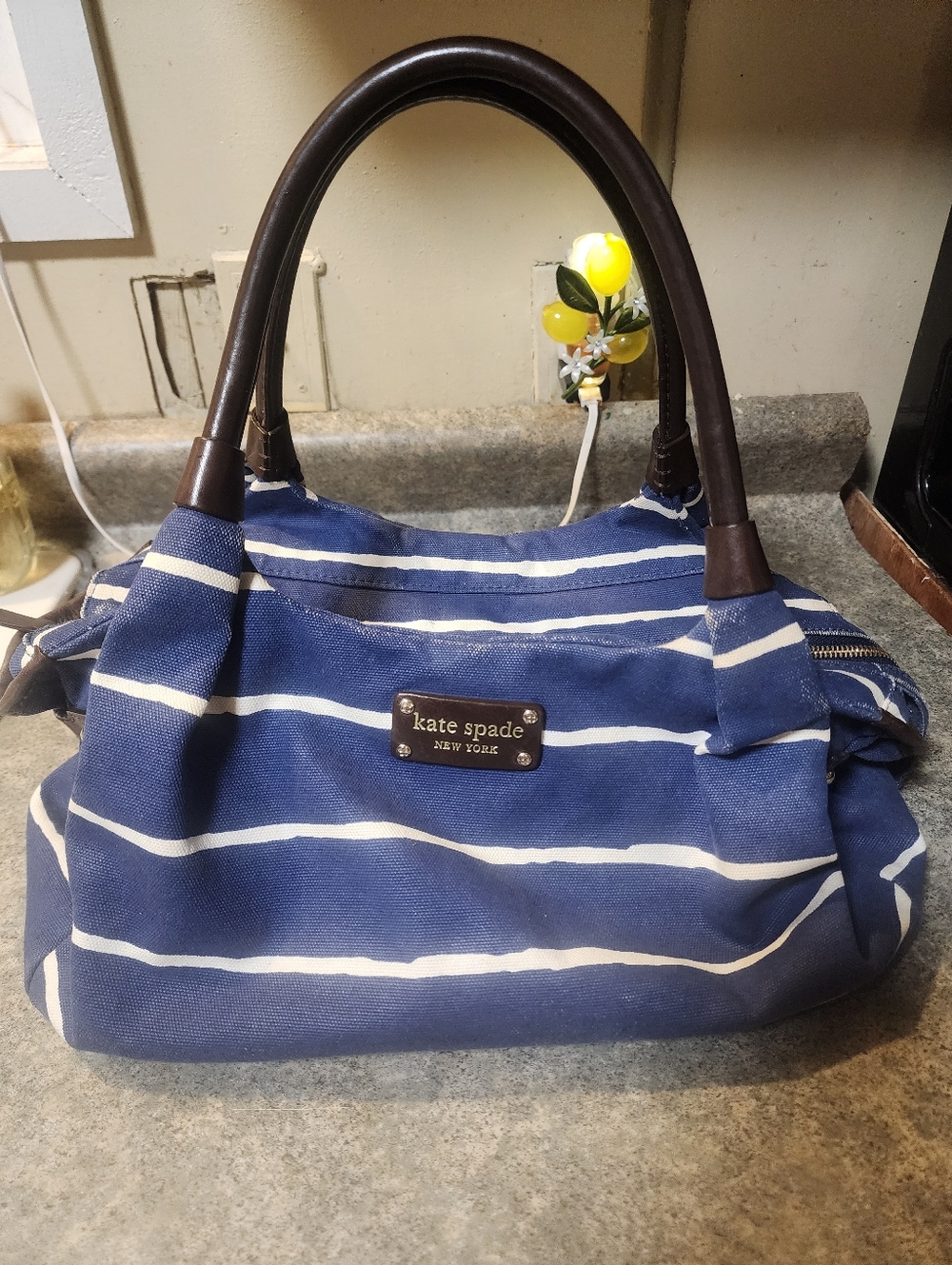 kate spade Blue and White Striped Canvas Shoulder Bag with Dark Brown Handles